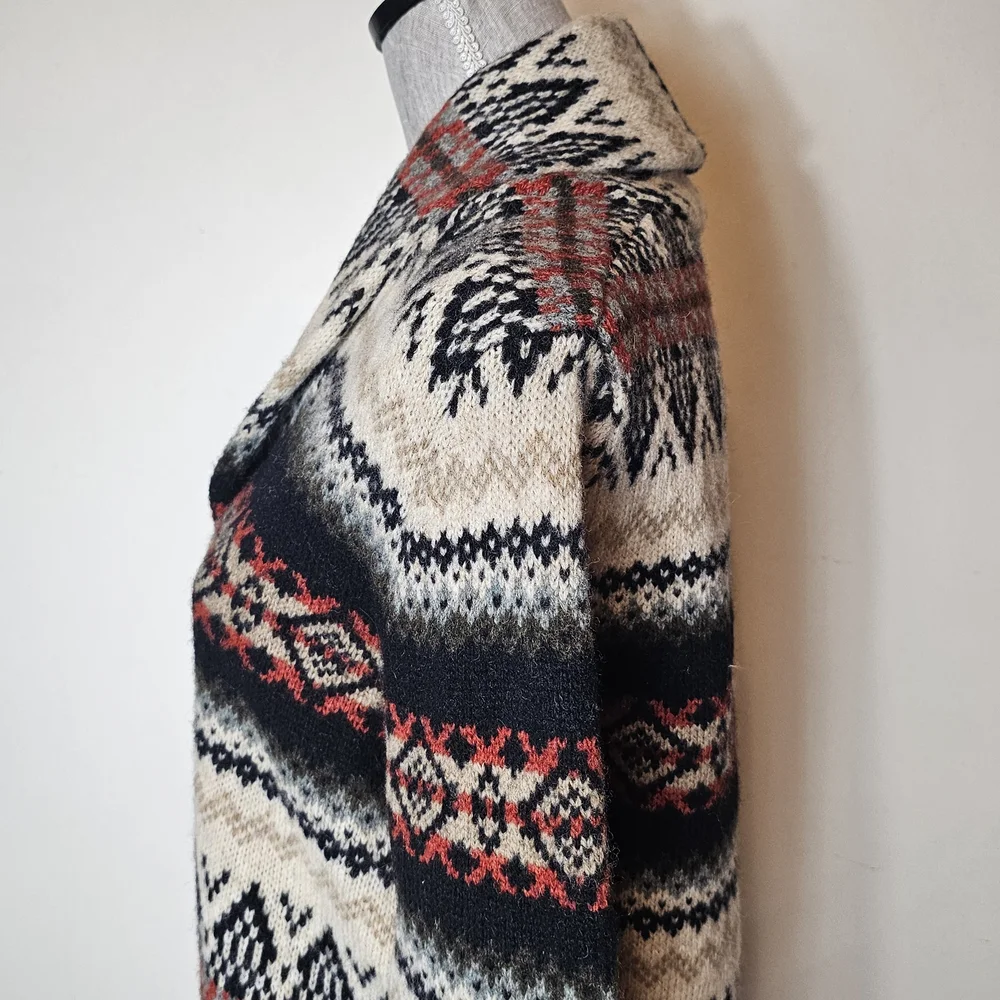 Y2K 100% Wool Cardigan Sweater - Women's Size M - Vintage Aztec Fair Isle Nordic